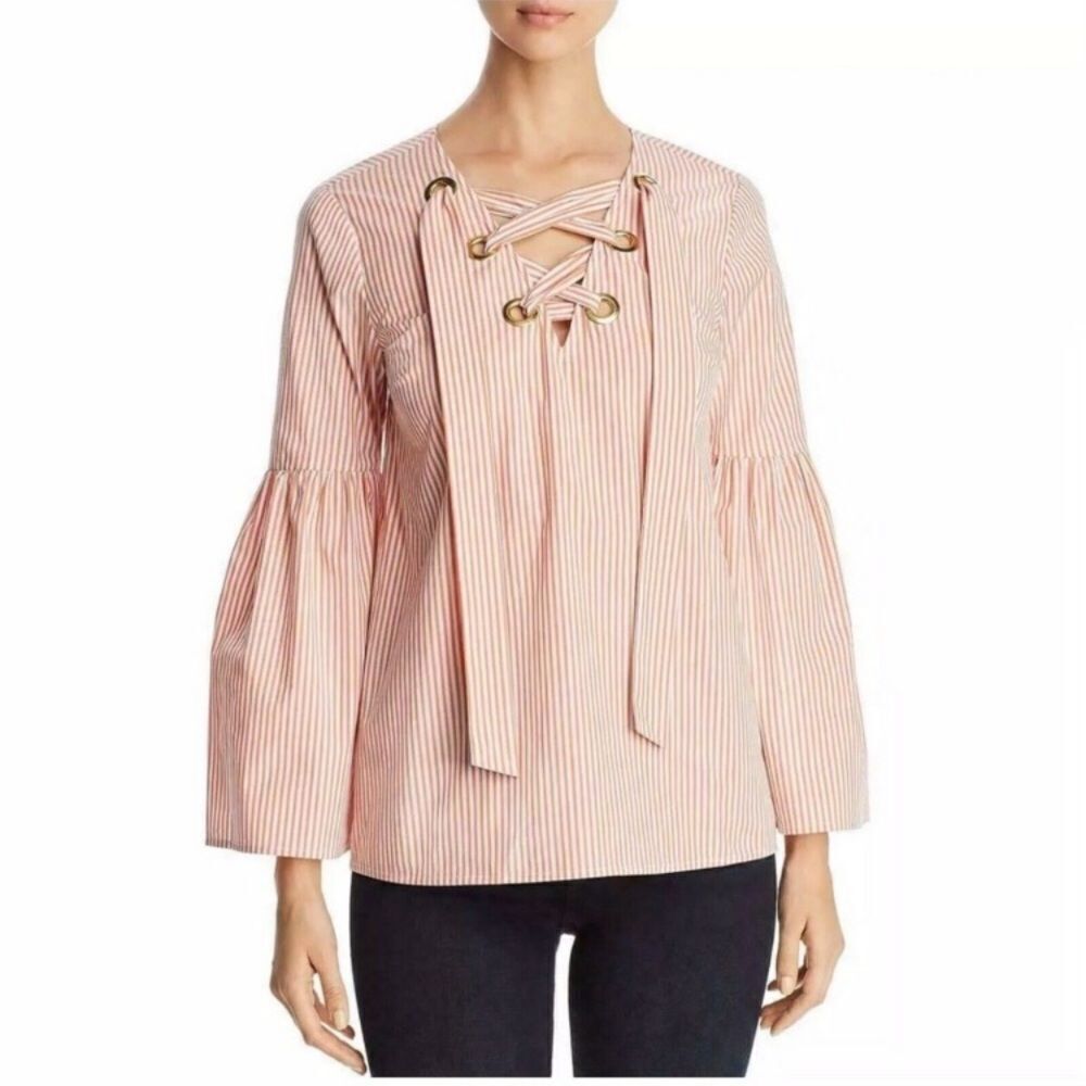 Michael Kors Lace Up Bell Sleeve Striped Top